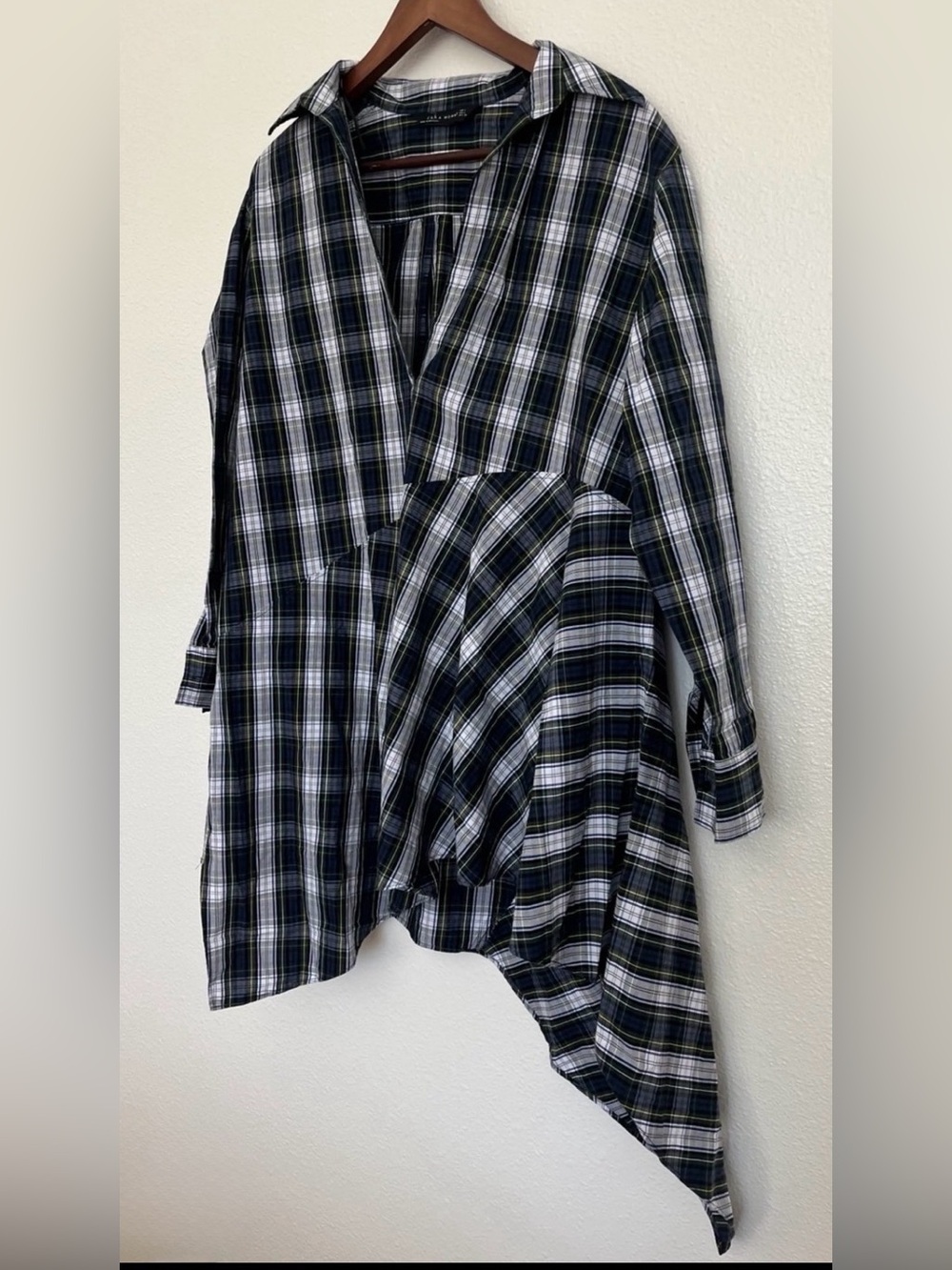 Zara Plaid Shirt Dress | Asymmetrical Hem Wrap Style Blue White